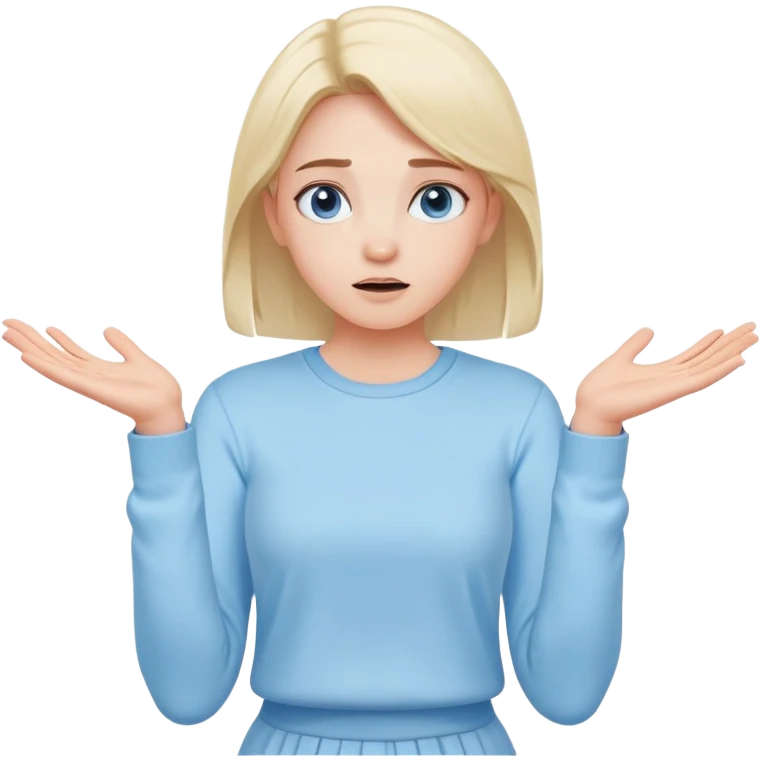 girl wearing pastel blue clothes shrugging with hands spread in an "I don't know" gesture emoji