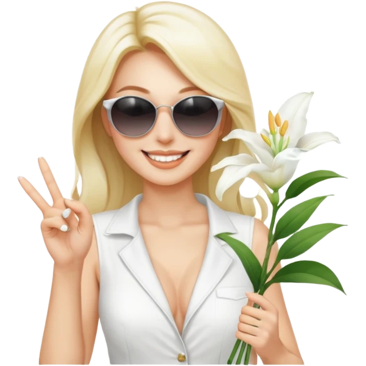 Professional sexy woman smiling holding lilies posing in shades  and flashing peace sign fingers emoji
