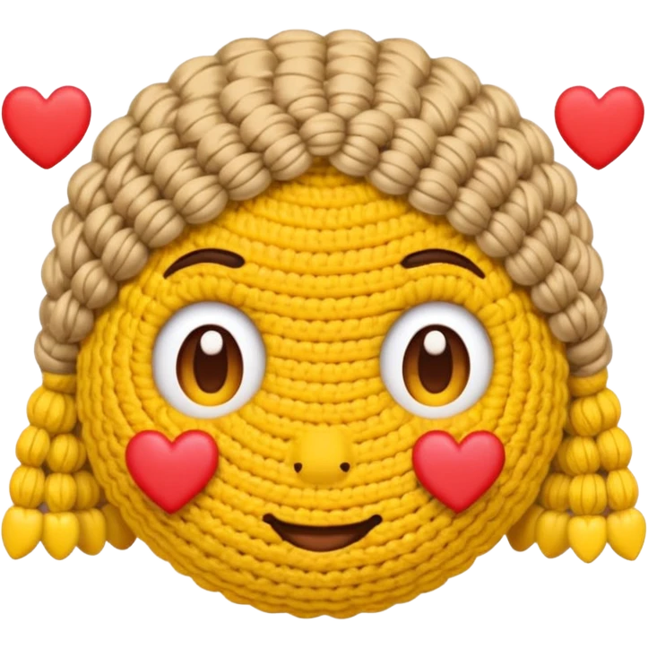 Cute Yellow face emoji crocheting with hearts around head  emoji