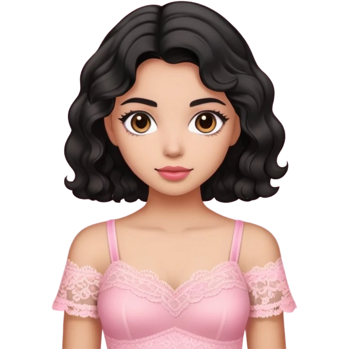 A girl with morena skin tone and black wavy hair wearing pink lace top emoji