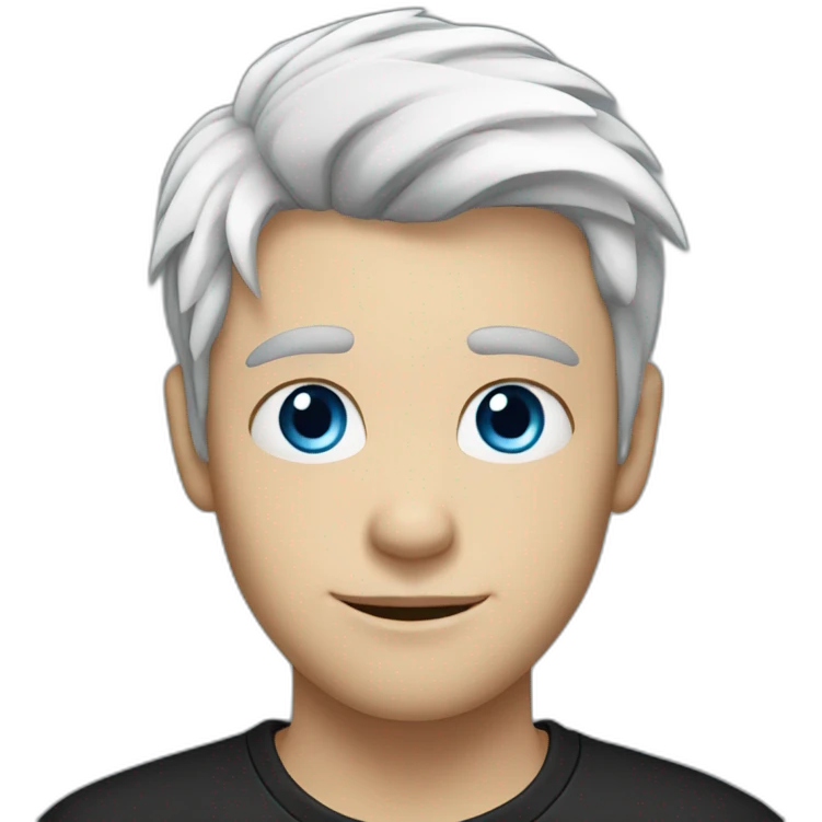 A young man with a white hair and blue eyes, with a black t-shirt emoji