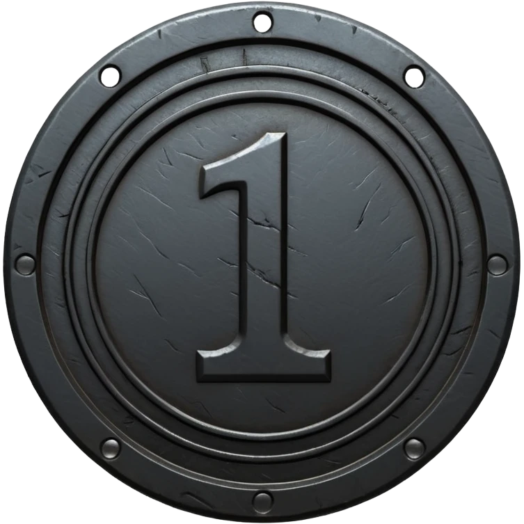Minimal emoji, gothic metal coin made of black steel, engraved number 1 at the center, ancient industrial aesthetic, worn metal texture, no glow, no neon, flat emoji design, centered, transparent background emoji