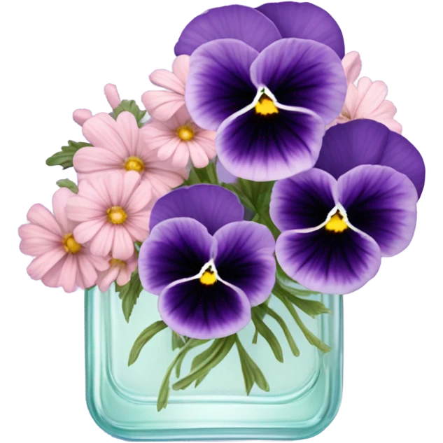 composition of aesthetically pleasing purple pansies, pastel pink daisies and a rosy vintage-style perfume bottle emoji