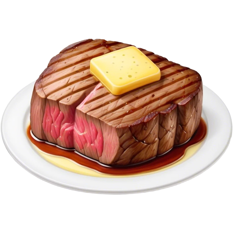 Cinematic thick-cut steak, perfectly seared with grill marks, a juicy pink center, butter melting on top, rich and savory, warm glow, sizzling and mouthwatering, highly detailed and appetizing. emoji