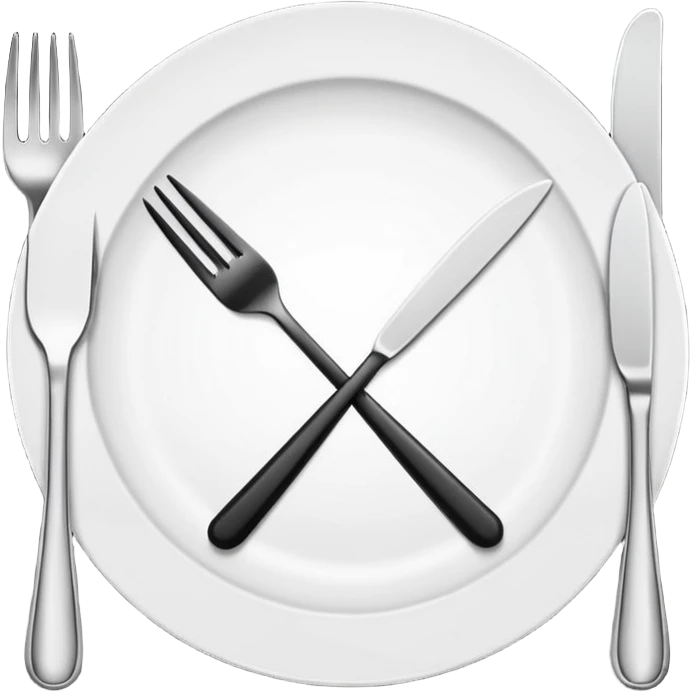 Minimalistic flat vector icon, iOS style, thin black contour on white background. Fork and knife crossed on a plate. Clean, no text, no shadows emoji