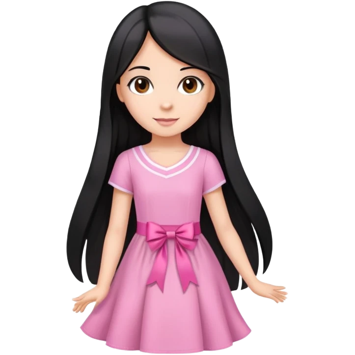 Beautiful girl with very long straight flowing black hair with small waves only at the ends, brown eyes, light skin, slight smile, pink ribbon in hair, and pink dress emoji