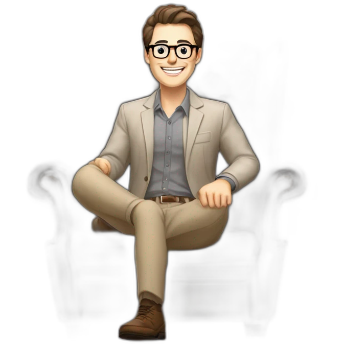 Joyful Celebrating victory Hands up Pale skinned Fit Man With dark brown hair in gray jacket, beige office shirt, Brown pants and vintage glasses sitting In a soft chair emoji