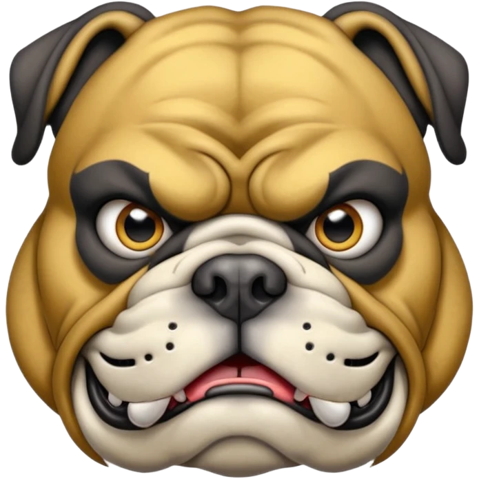 Create a fierce bulldog head emoji facing forward.
Strong jaw, deep wrinkles, and an intense scowl.
slight underbite with two visible fangs.
Blk & Gold gray fur with bold highlights and shading for depth.
Add a thick spiked collar (red or black) with shiny metallic spikes.
 emoji