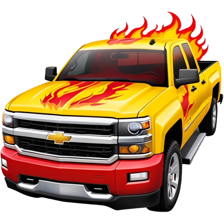 Yellow Chevrolet Silverado with elaborate airbrushed red flame pattern on hood and front quarter panels, screen-accurate Kill Bill truck artwork, 30-degree angle, iOS emoji style emoji