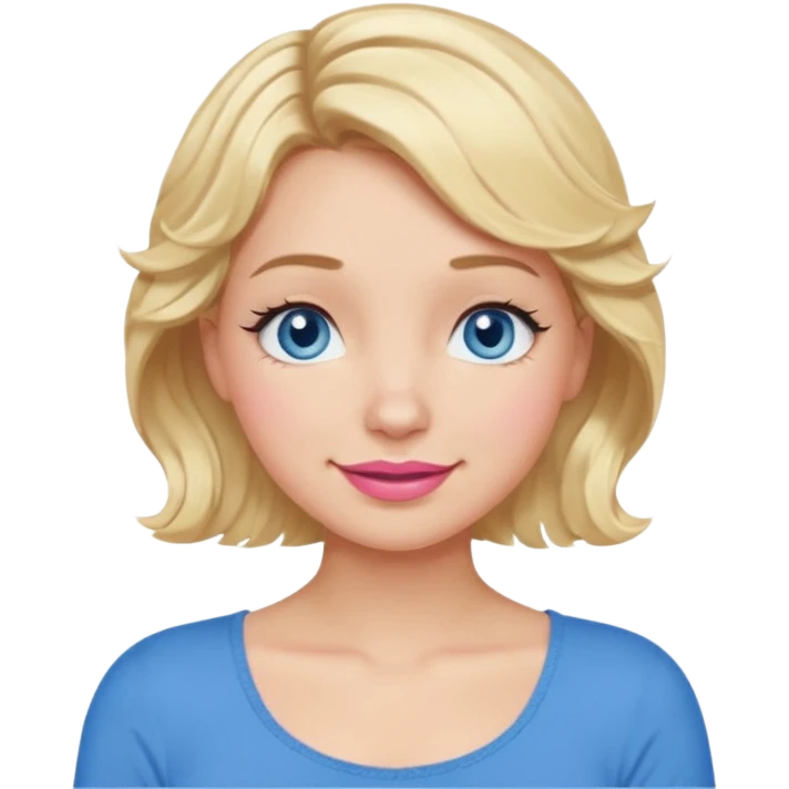 Girl Blonde short wavy hair,  blue eyes, cute blue top, long lashes, pink lips, smiling, 🤦🏻‍♀️ emoji