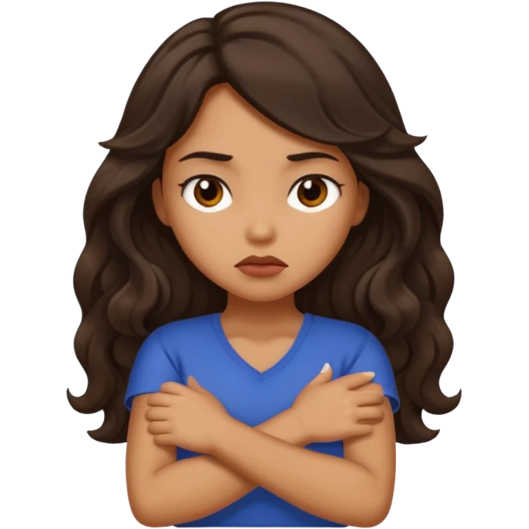 tan girl with dark, long, wavy hair crossing her arms and pouting emoji