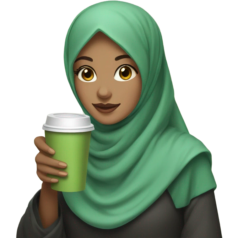 A girl in a hijab with a fair face and brown eyes holds matcha coffee in her hands emoji
