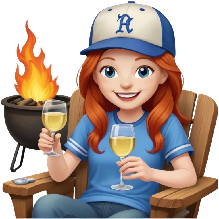 Laughing redhead with long hair and blue eyes wearing baseball cap holding white wine sitting in chair beside fire pit emoji