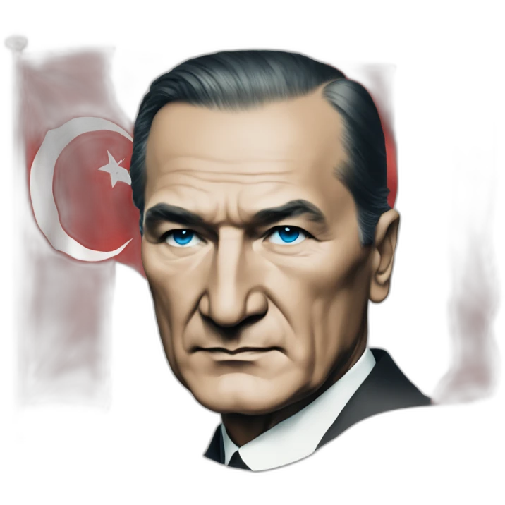 a portrait of mustafa kemal ataturk with blue eyes looking at turkey flag emoji