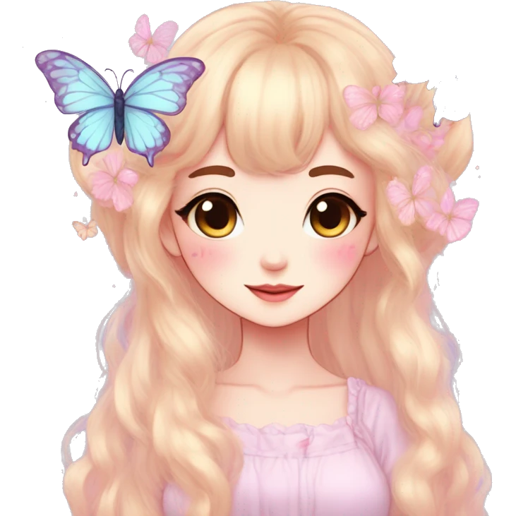 Cute kawaii gorgeous pretty anime cartoon pastel lady with butterflies and beautiful hair fairycore cottagecore emoji