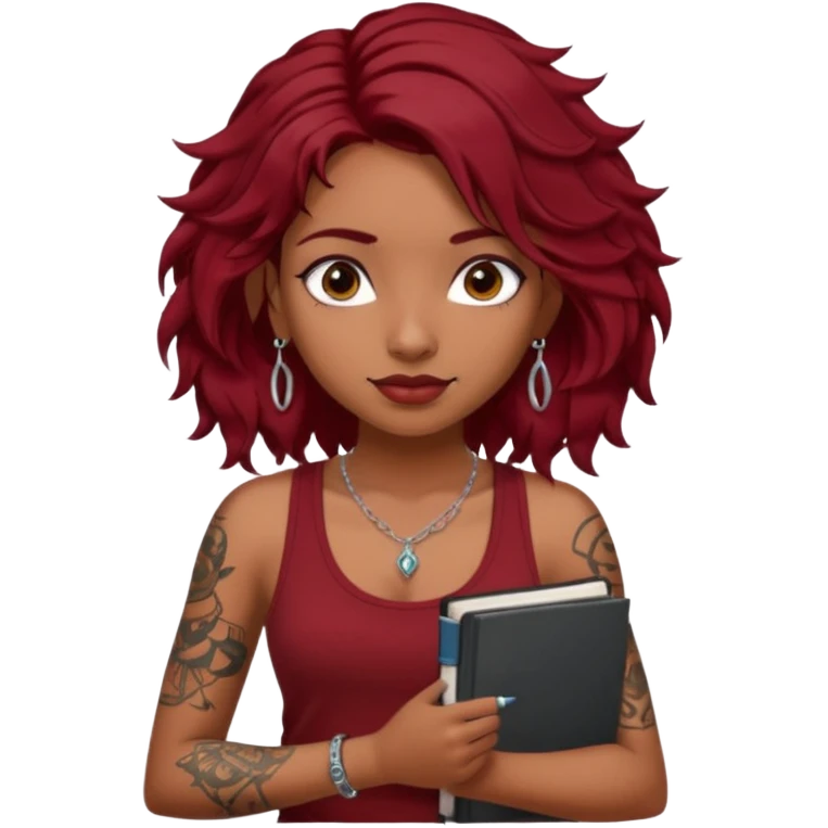 a pretty tan indian bratz girl with messy dark wavyred hair, wearing a dark red tank top, layered silver necklaces. Carrying multiple sketchbooks and pens, tattoos on arm emoji