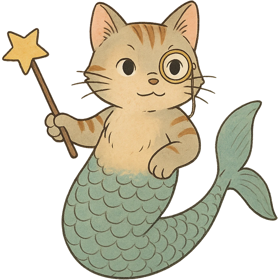 half cat half mermaid with a monocle and a magic wand in ghibli style emoji