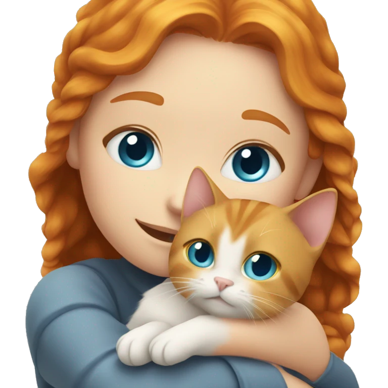 Ginger haired girl with blue eyes hugging a grey cat with yellow eyes emoji