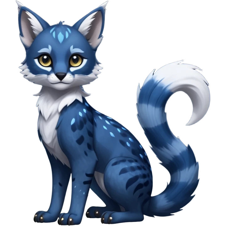 Cute kawaii cool edgy badass  glossy midnight-blue fur with silver starlight dusting fantasy-caracal-civet-genet-sergal-vernid-Gryphon-Cacomistle-Trico-oncilla-animal-Fakémon-hybrid-fursona (full body), facial markings, (realism style) emoji