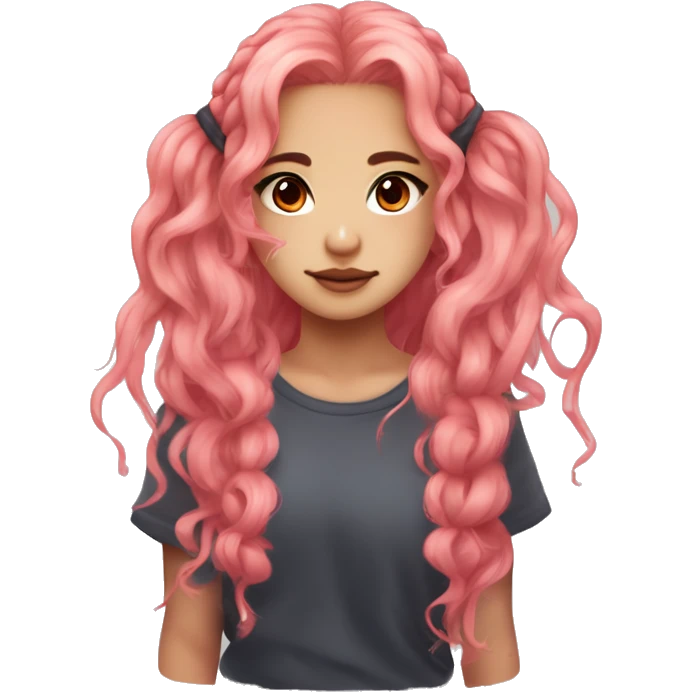 Idol girl with reddish-pink eyes and long, messy coral pink hair that falls below her shoulder blades, with two clumps of hair tied into small loose fluffy pigtails near the top emoji