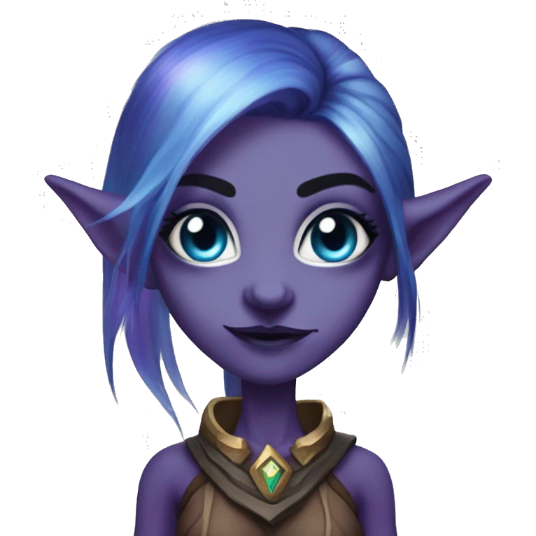 night elf female whom world of warcraft with white sclera eyes, purple skin, blue hair, long eyebrows and ears, blue eyemask emoji