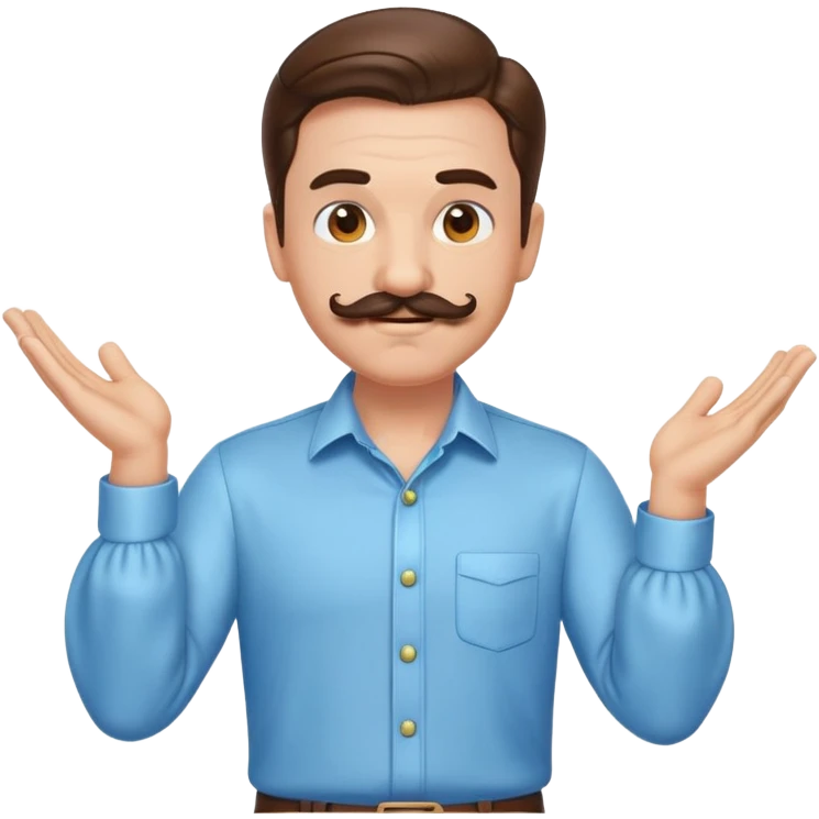 fun emoji character, shiny slicked back brown hair, handlebar mustache, light blue shirt with big puffed sleeves, cheeky deadpan look, one hand on hip, other hand forward dance pose emoji
