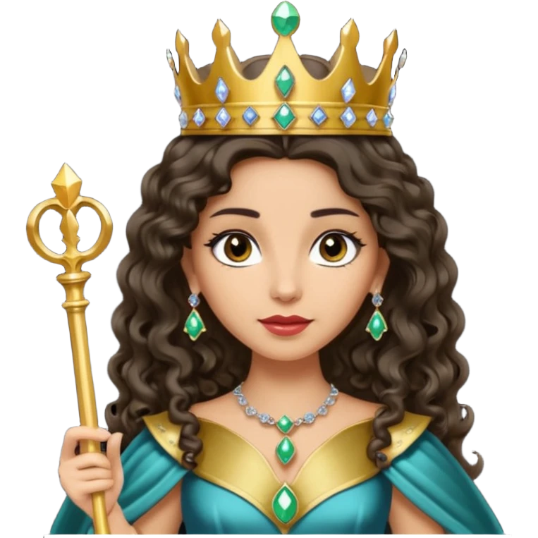 Queen with long dark curly hair, dark brown eyes, light olive skin tone emoji