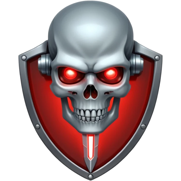 Sci-fi shield badge, terminator style skull, glowing red eyes, crossed futuristic light sable and energy sword, no background emoji