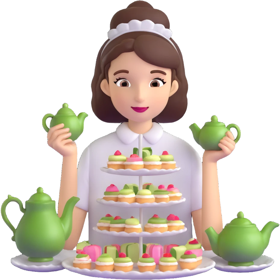 Sophisticated British young woman at afternoon tea party with teapot, cucumber sandwiches and petit fours emoji
