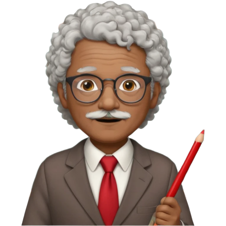 old man teacher, brown skin, curly grey white hai, wearing glasses, brown suit, red tie hold chalk on hand emoji