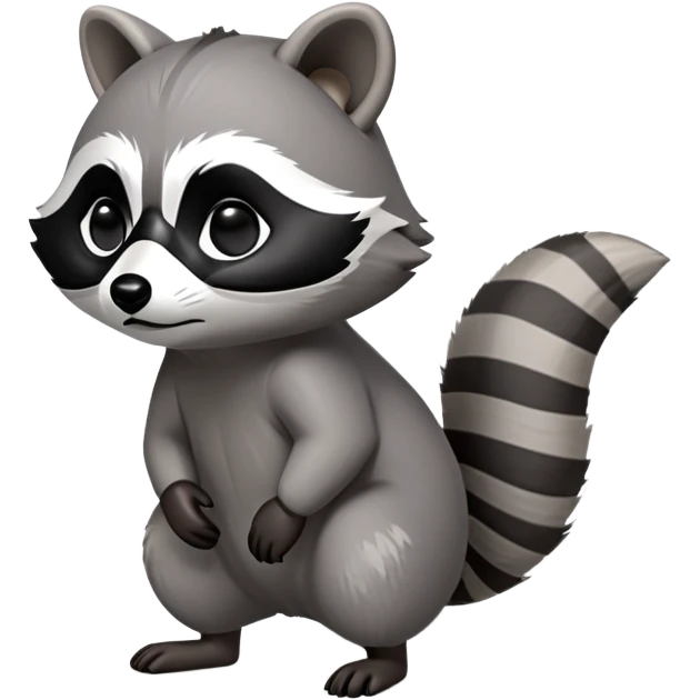 Cinematic-cute Raccoon-Realistic-hunched Full-Body on all fours-Emoji – Tail flicking lazily, head tilted dramatically, thick grey fur with a signature black mask, sharp and alert ears, simplified yet realistic focused features, highly detailed, glowing with an almost sarcastic glow big black eyes realistic body emoji