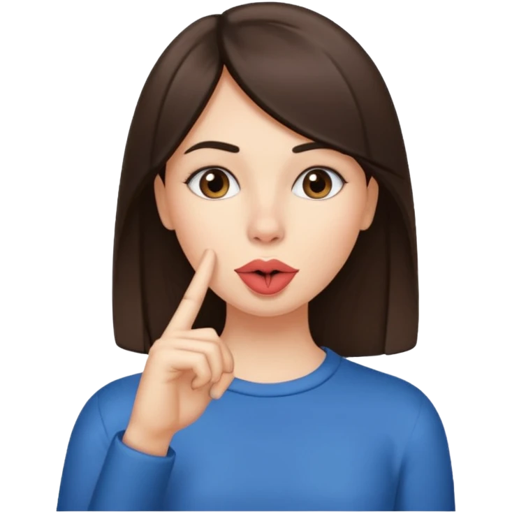 brunette girl, with straight hair, making a "be quiet" gesture emoji