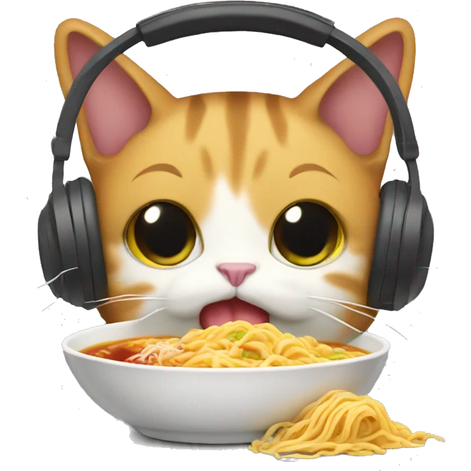 Cat with headphones eating ramen emoji