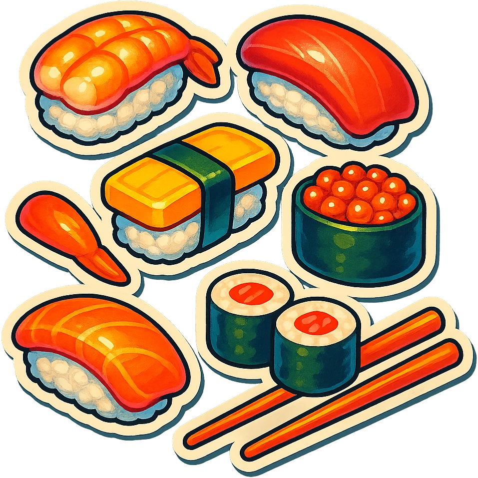 A sushi platter with various sushi pieces and a vintage design emoji