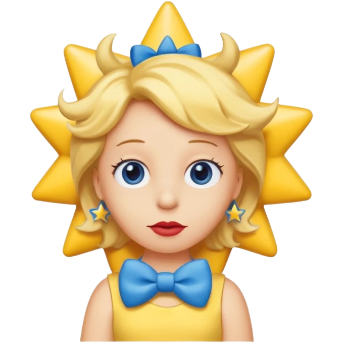 3D emoji head-only, smooth plastic, soft studio light, big round eyes, bold outline, centered, transparent bg,
Maggie Simpson, yellow skin, eight-point star hair with blue bow, red pacifier emoji