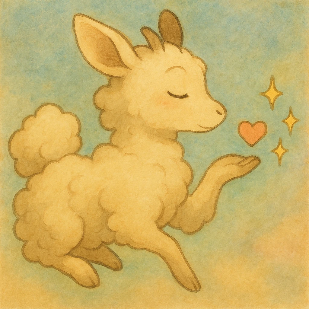 Add a soft pastel background behind the cream yellow Ghibli-style cloud doe blowing a kiss with sparkles, keeping the dreamy and gentle mood. emoji