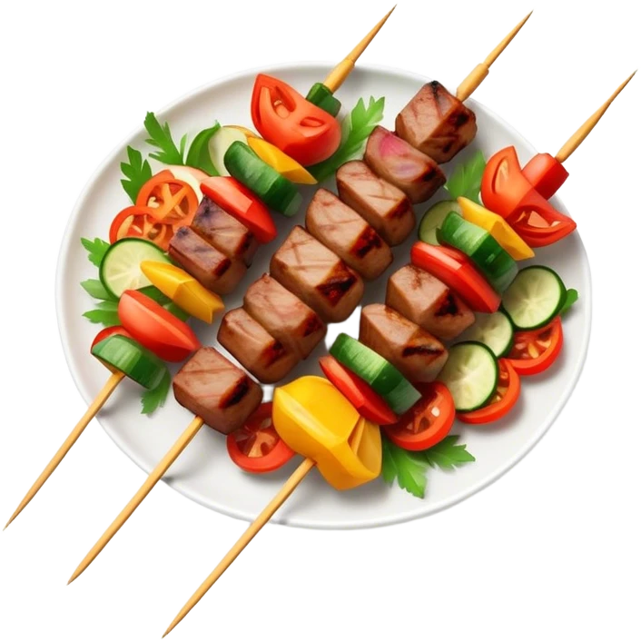 Cinematic Realistic Shish Kebab Dish Emoji, showcasing skewered, grilled meat with vibrant vegetables rendered with dynamic textures and warm, inviting lighting. emoji