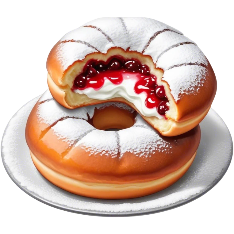 Pączki with powdered sugar on top and a bite taken out showing red filling emoji