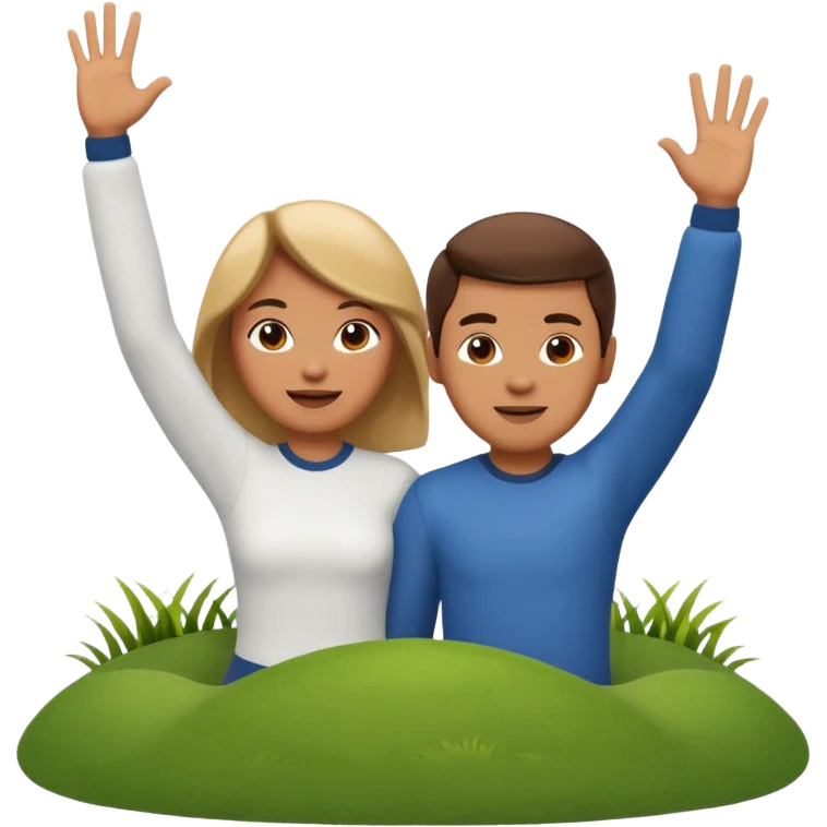 A 3D cartoon couple on top of a hill raising hands in victory, sunny sky and nature background, Memoji-style. emoji