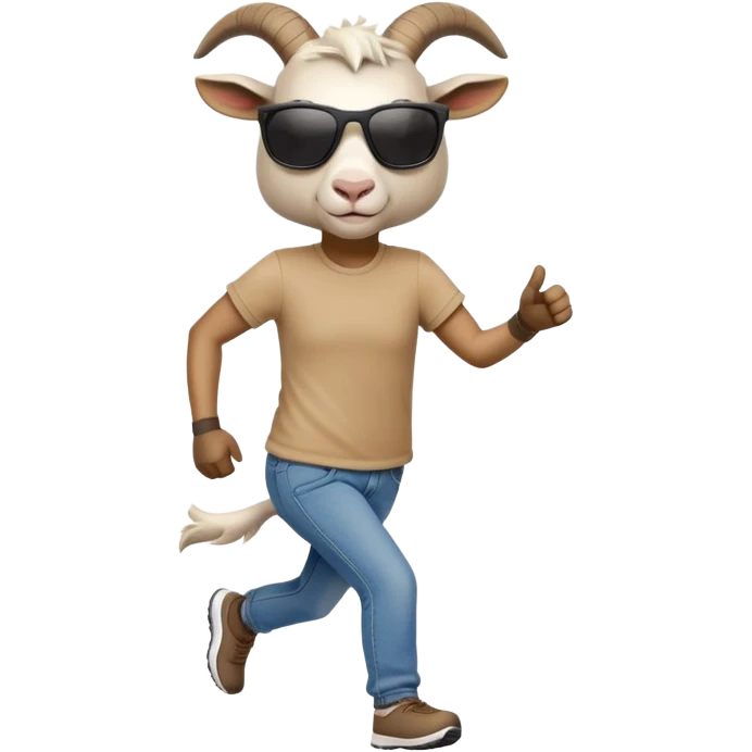 friendly anthropomorphised goat in jeans and a t-shirt, wearing dark sunglasses, jogging upright in standard pose emoji