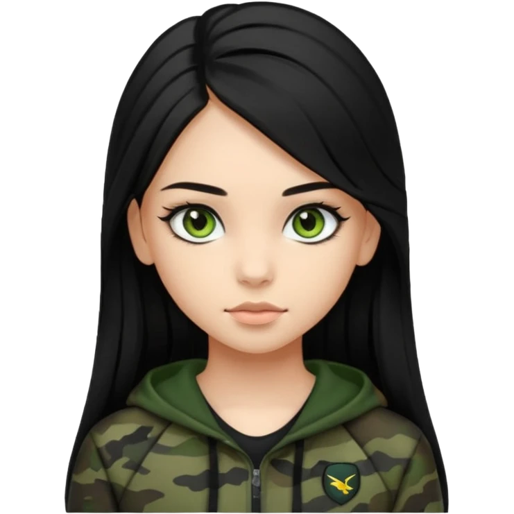 cute teenage girl, cute black trendy athletic clothes, light tan skin, very dark camo green eyes, long black hair, very long eyelashes emoji