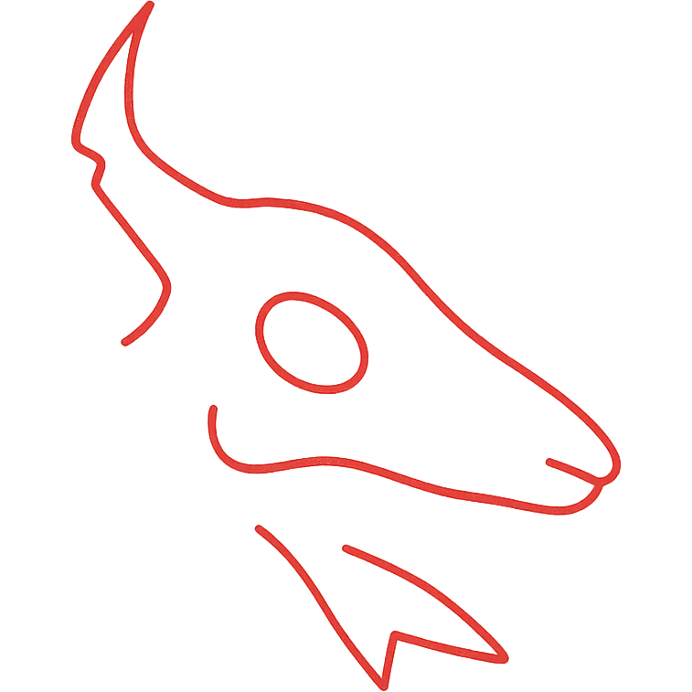 utmost minimal horror: extremely sparse red line art of minotaur-stoat skull with just 5-6 thin lines total suggesting broken horn, single eye, and hint of moth wings, almost entirely transparent/hollow, 95% empty space, severely incomplete outlines, absolute minimum red lines needed to barely suggest the horror creature emoji