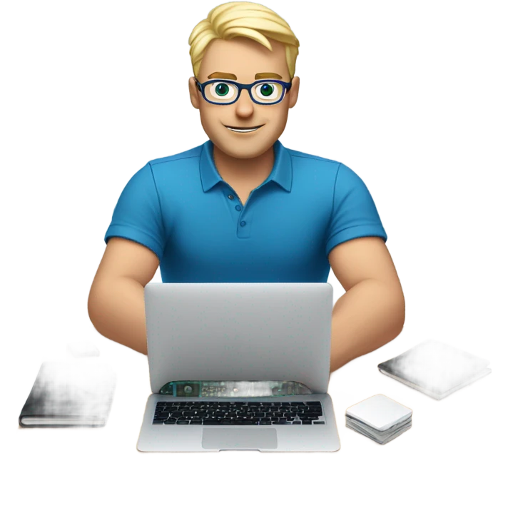 man looks 35 classes, european, tech nerd love pcb designing, blue shirt blond short hair, blue eyes with specs behind macbook on with pcb on the desk emoji