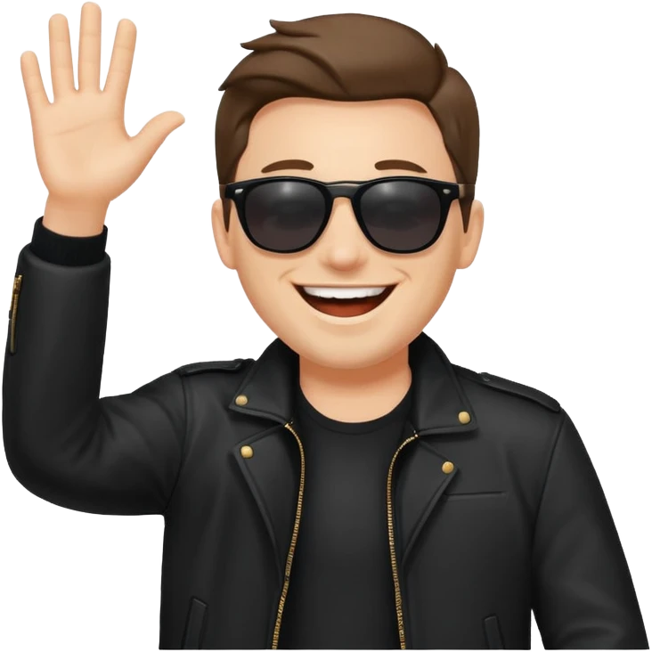 happy man with sunglasses, laughing, waving, black jacket emoji