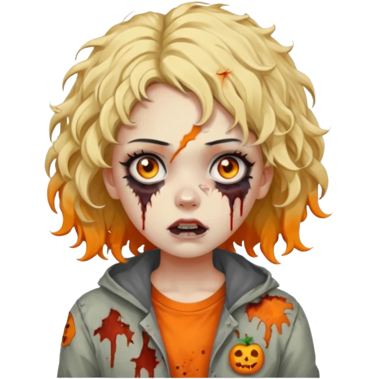 Faça uma garota zumbi de cabelo cacheado preto e uma mecha descolorida meio alaranjada do lado esquerdo emoji