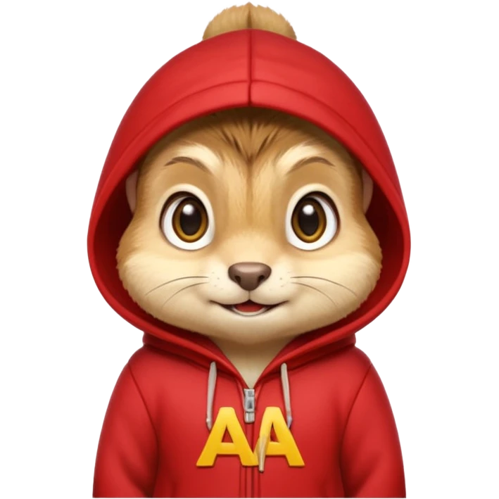 Portrait of a cute cartoon chipmunk with light brown and beige fur, wearing a red hoodie no zip with a yellow 'A' on it, big round eyes, small nose, and a mischievous grin, front-facing, stylized in animated movie style emoji