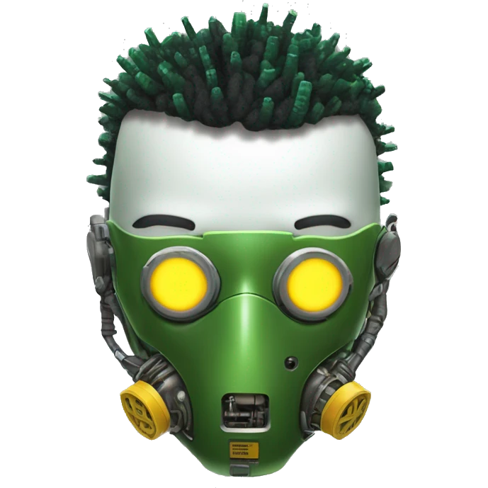 Green skin cyborg head with dark yellow Mohawk, white respirator mask and circuitry emoji