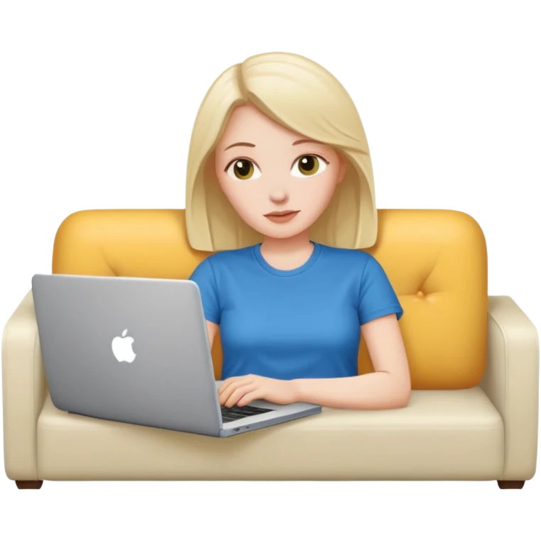 A white girl is lying on a sofa with a laptop emoji