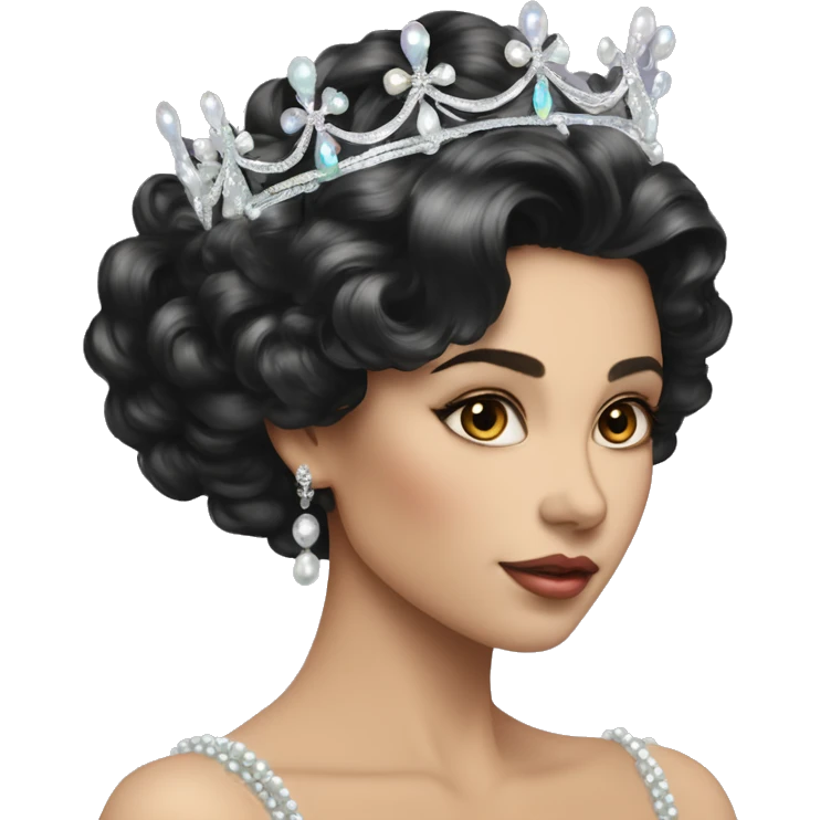 Regal pretty woman photograph defined cheekbones high cheekbones crown vintage with very long iridescent black and silver hair wavy black hair pearl crown iridescent emoji