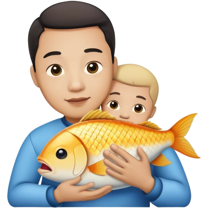 Asian man holding/hugging a fish like a baby emoji